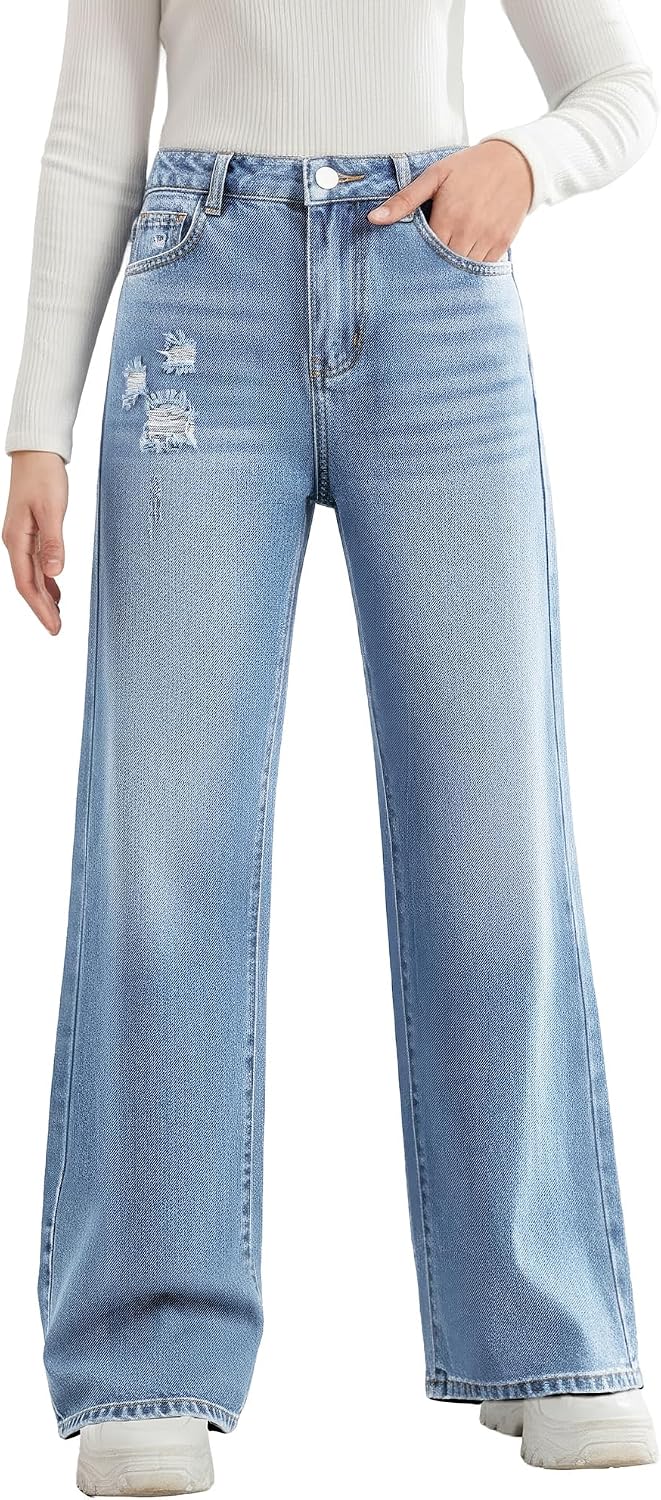 Girls Baggy Jeans Wide Leg Denim Pants Elastic Waist Pockets Kids Teen