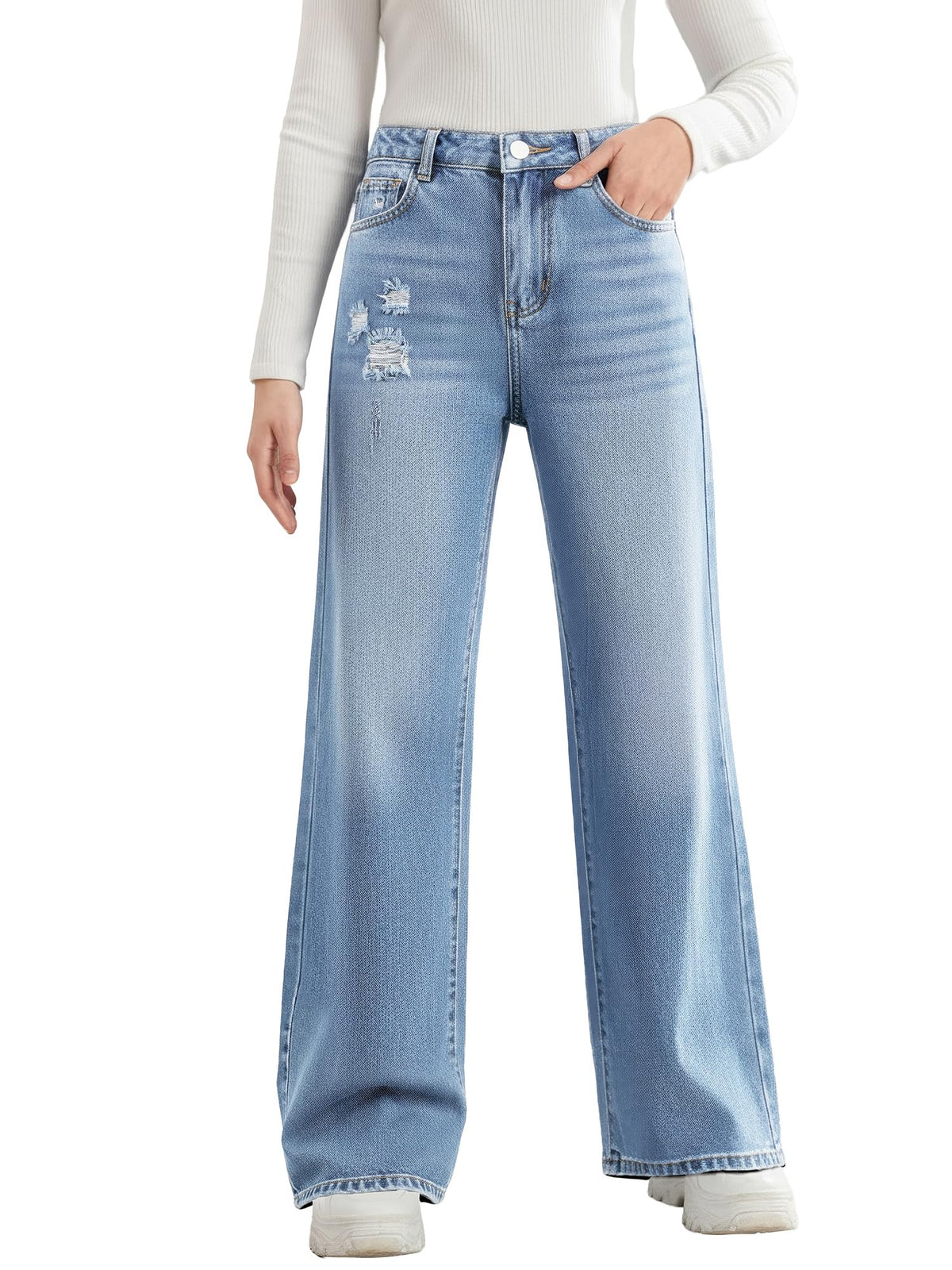 Girls Baggy Jeans Wide Leg Denim Pants Elastic Waist Pockets Kids Teen