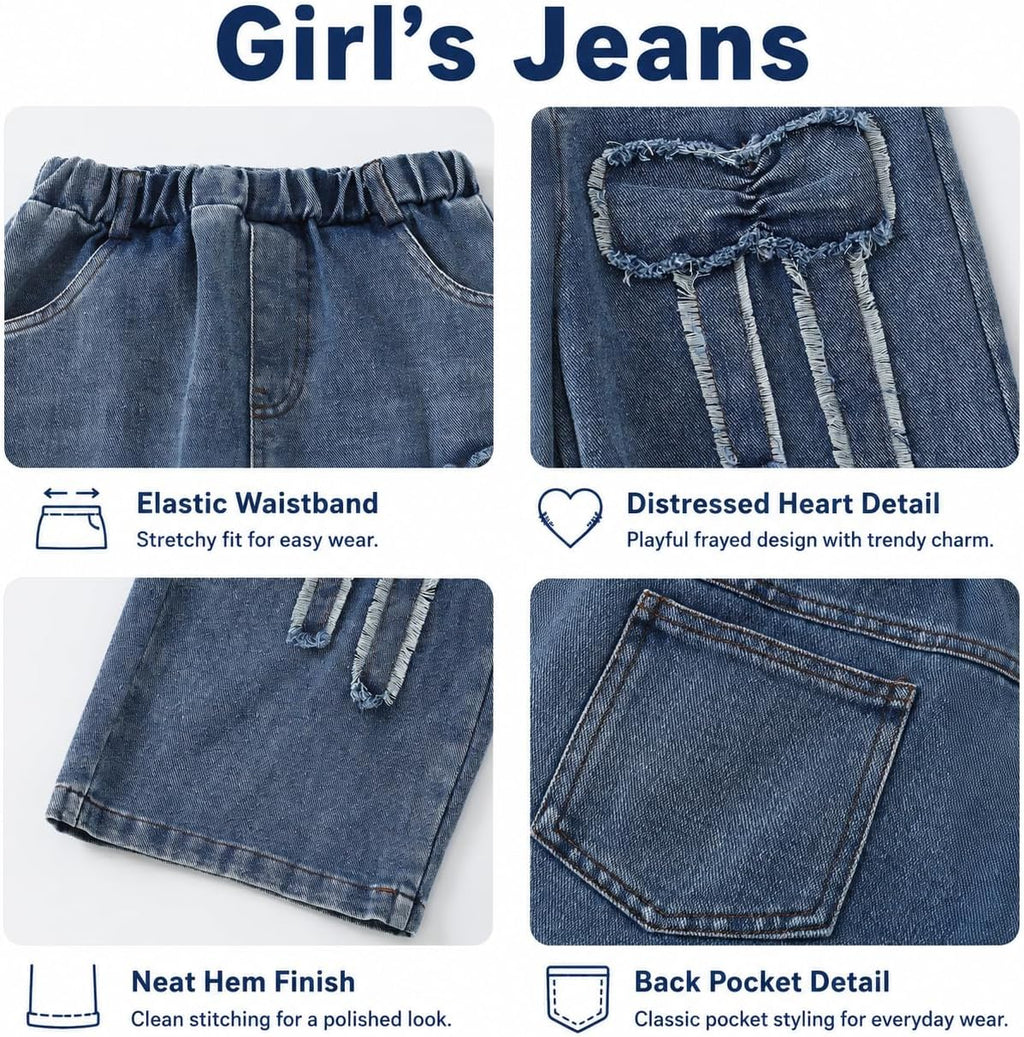 Tween Girls' Jeans Casual Elastic Waist Straight-Leg Denim Pants with Bowknot for Girls Y2K Boyfriend Skater Streetwear 7-14Y