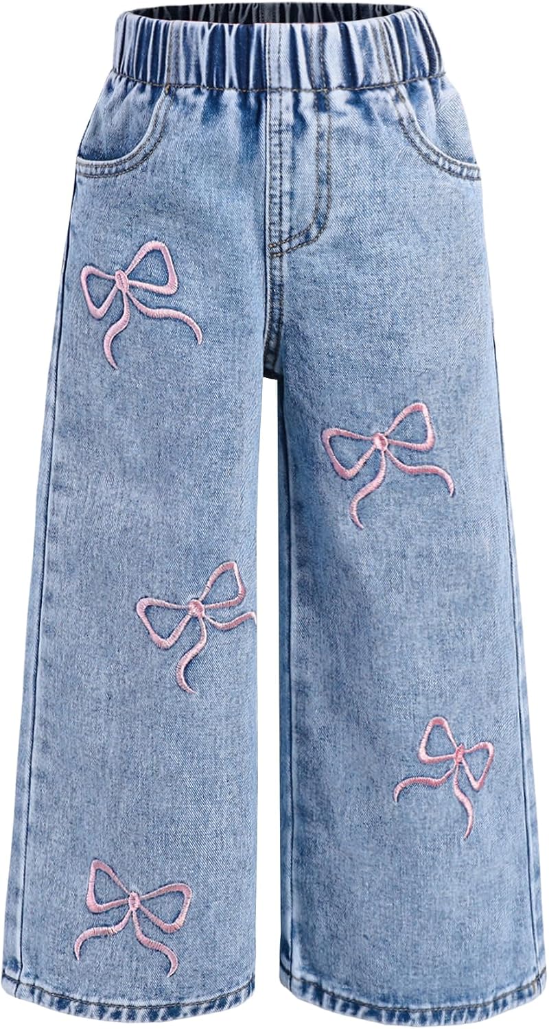 Girls Bow Embroidered Wide Leg Denim Jeans