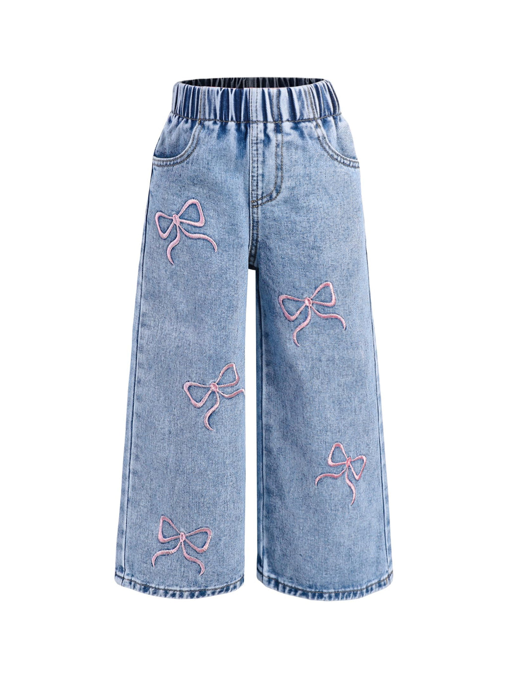 Girls Bow Embroidered Wide Leg Denim Jeans