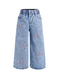 Girls Bow Embroidered Wide Leg Denim Jeans