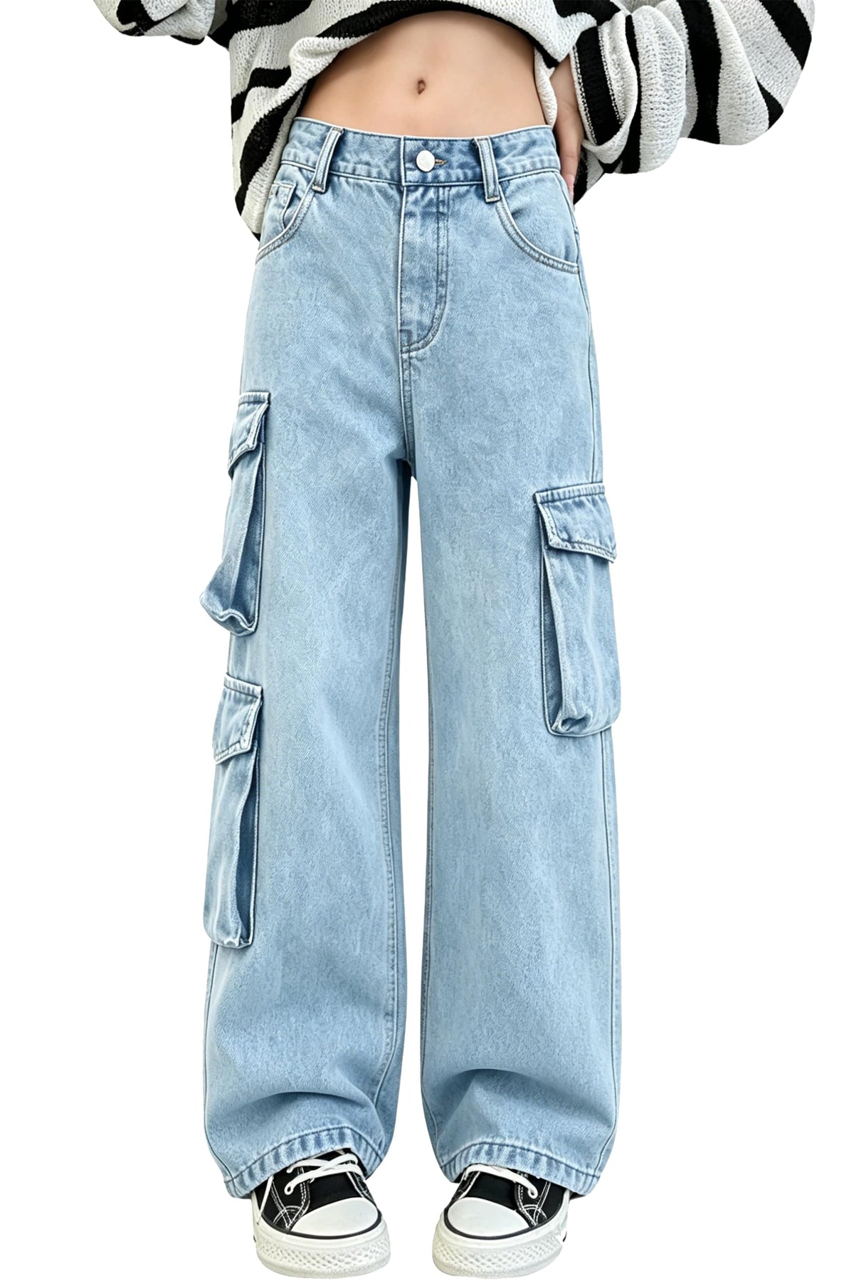 AOWKULAE Girls Baggy Jeans Wide Leg Cargo Denim Pants Kids 5-16Y