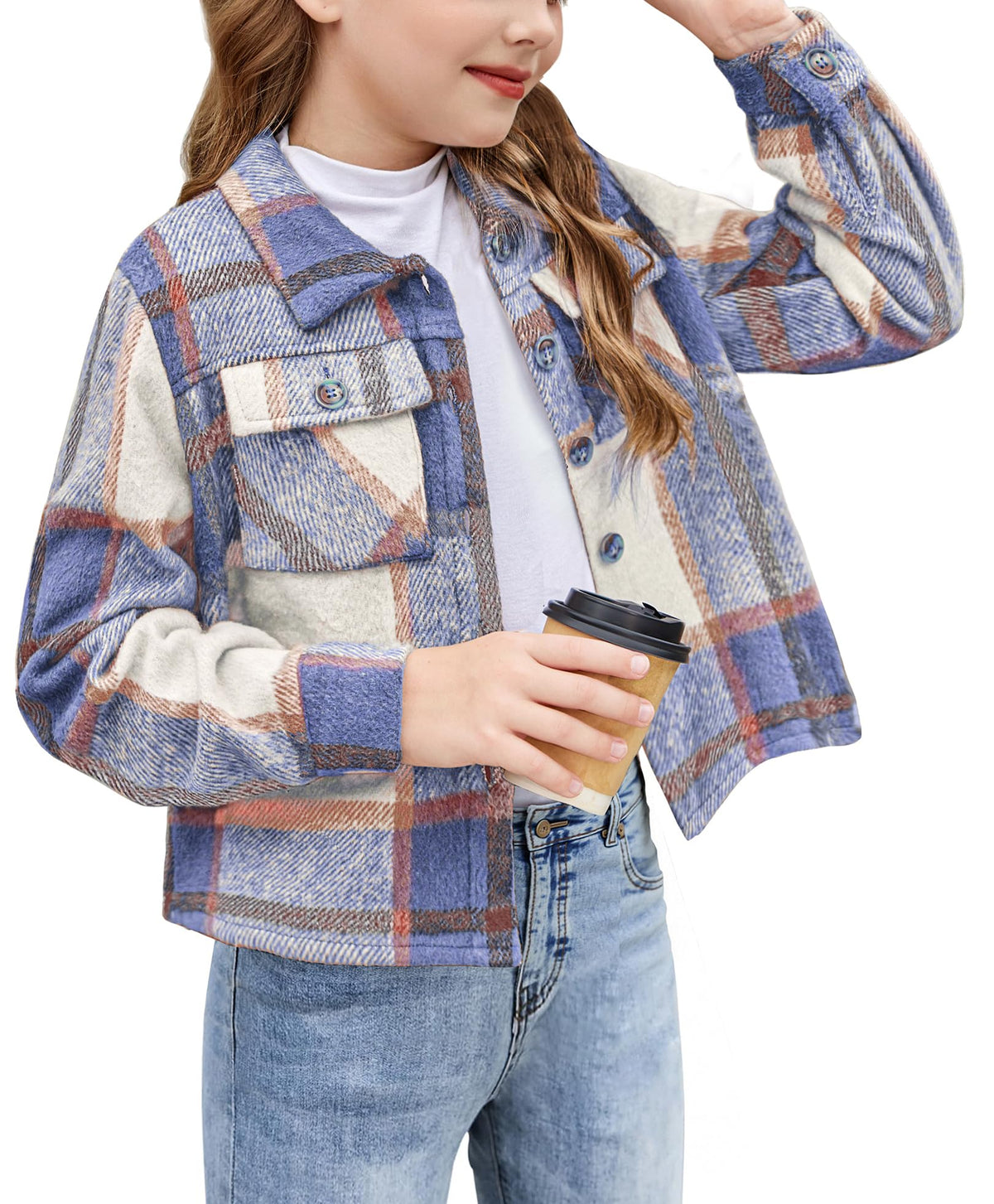 Arshiner Girls Flannel Fall Cropped Shacket Plaid Jacket Casual Coat