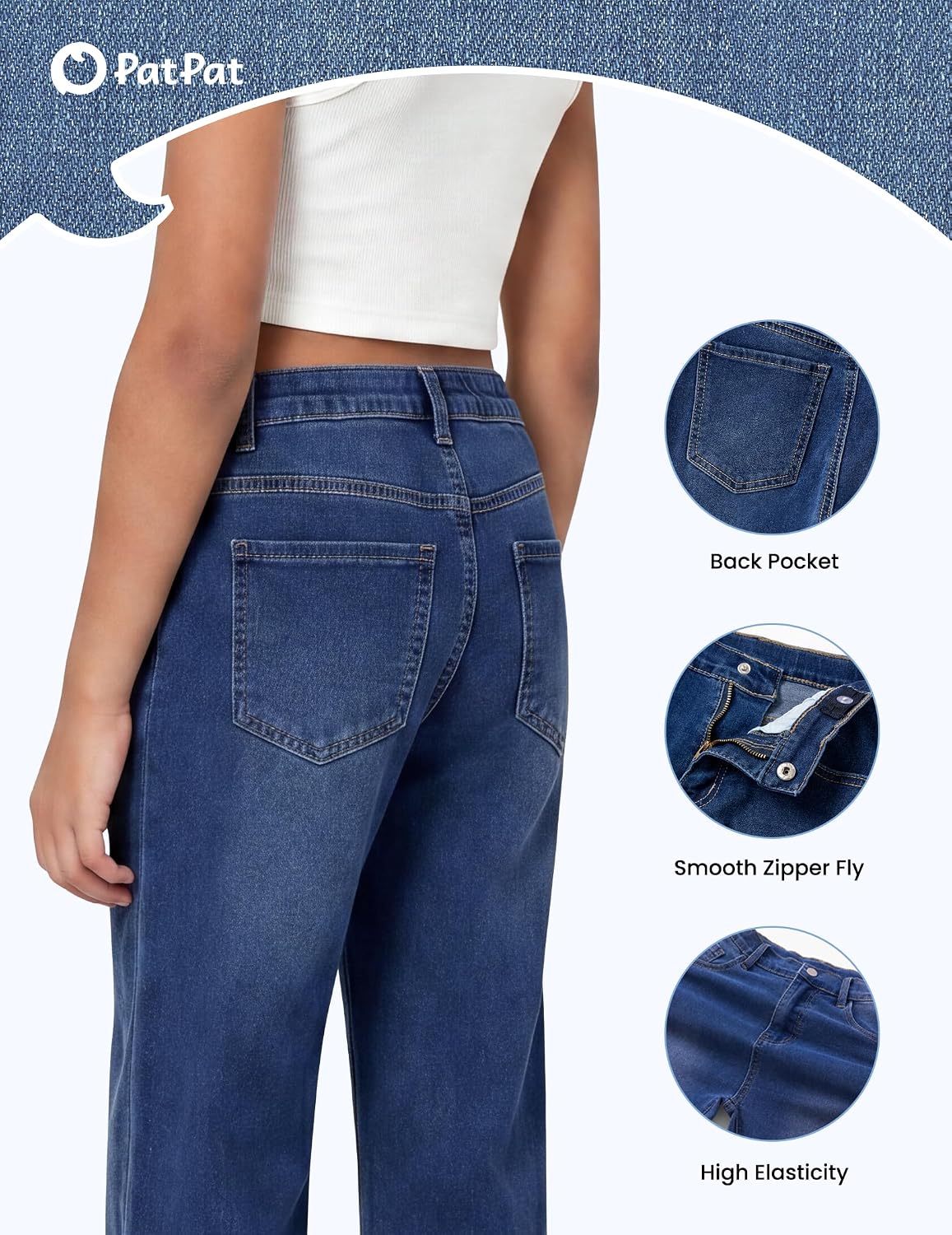 PATPAT Girls Bootcut Jeans 5-14Y Stretch Denim Pants with Elastic Mid-Waist