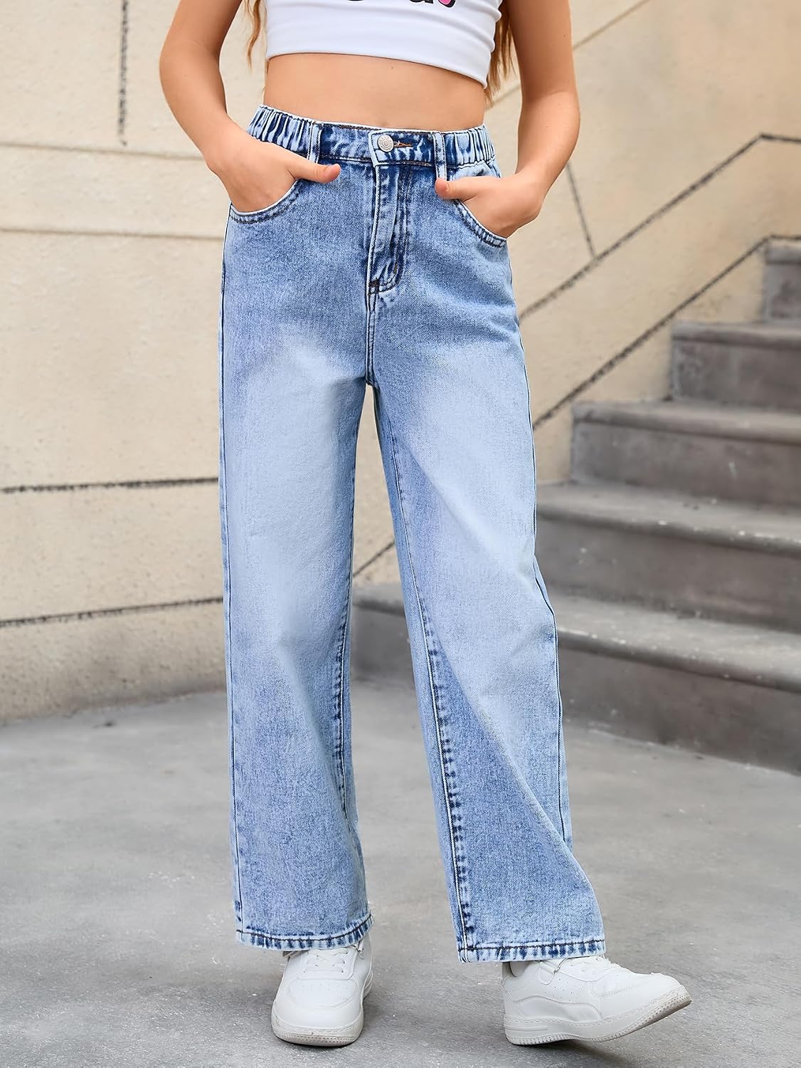 WDIRARA Girl's Bow Print Jeans Elastic High Waist Wide Leg Cute Denim Pants