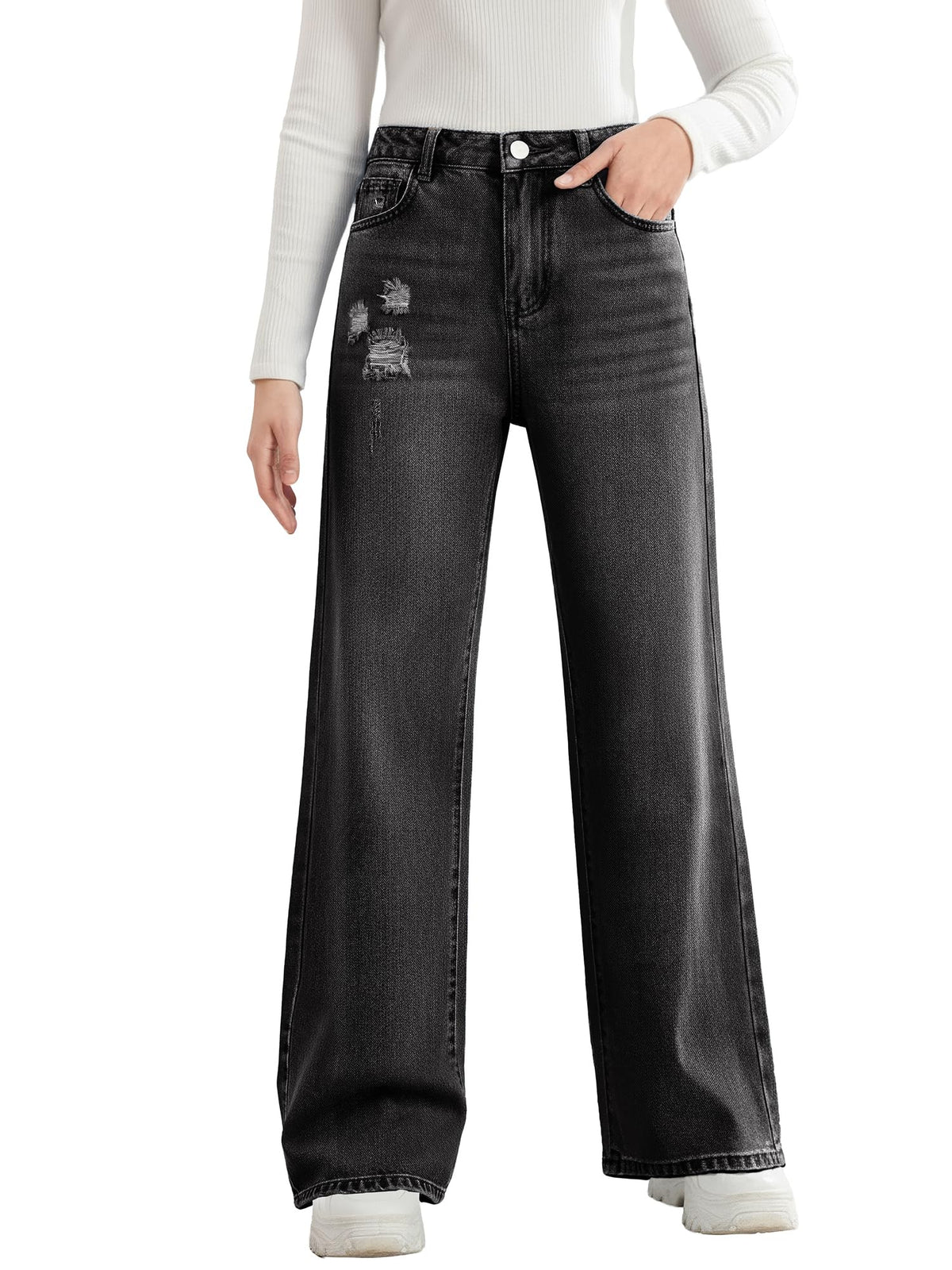 Girls Baggy Jeans Wide Leg Denim Pants Elastic Waist Pockets Kids Teen