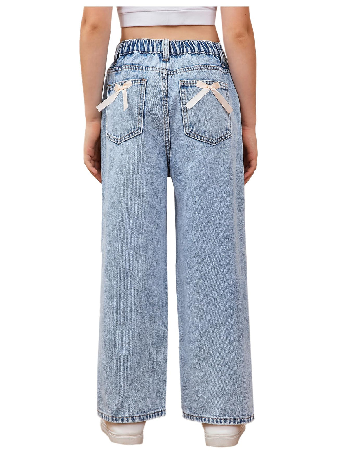 WDIRARA Girl's Bow Print Jeans Elastic High Waist Wide Leg Cute Denim Pants