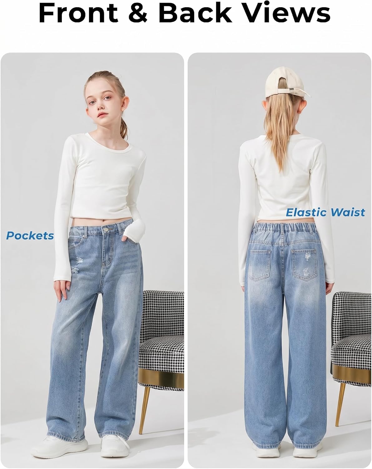 Girls Baggy Jeans Wide Leg Denim Pants Elastic Waist Pockets Kids Teen