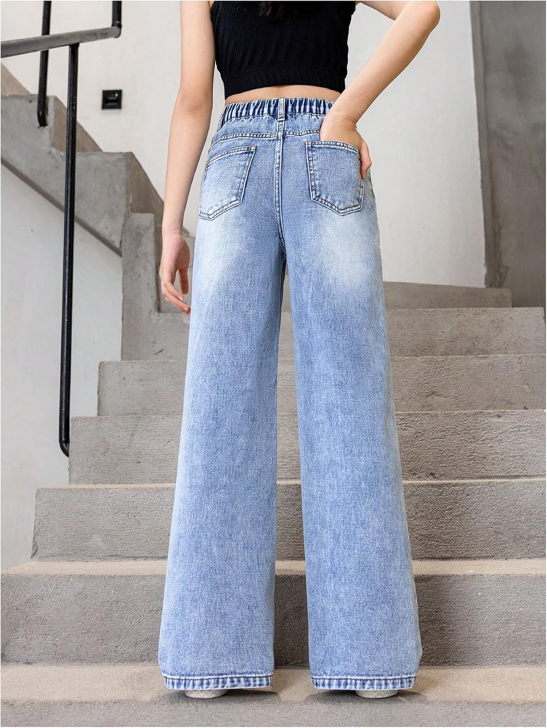 Floerns Girl's Elastic High Waisted Ripped Baggy Jeans Wide Leg Distressed Denim Pants