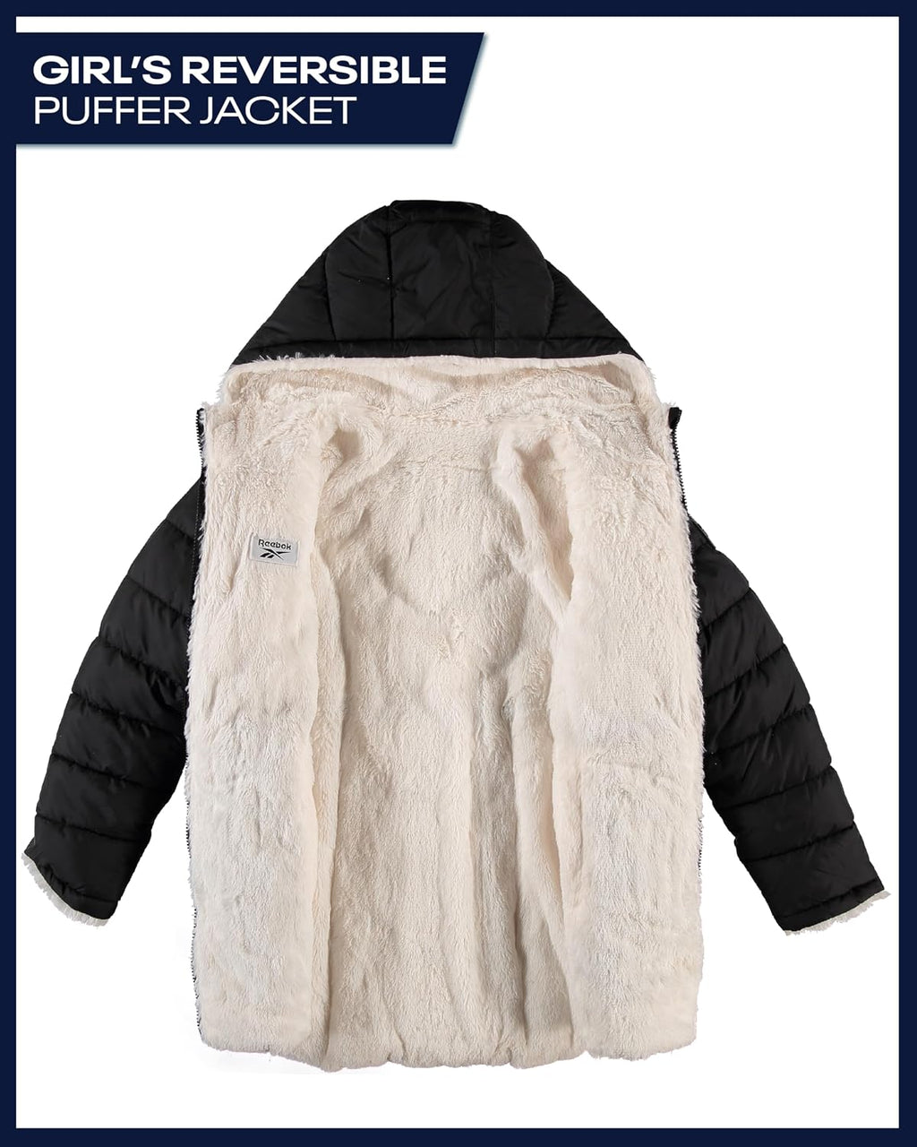 Reebok Girls Reversible Puffer Jacket, Fur Lined, Wind & Water Resistant