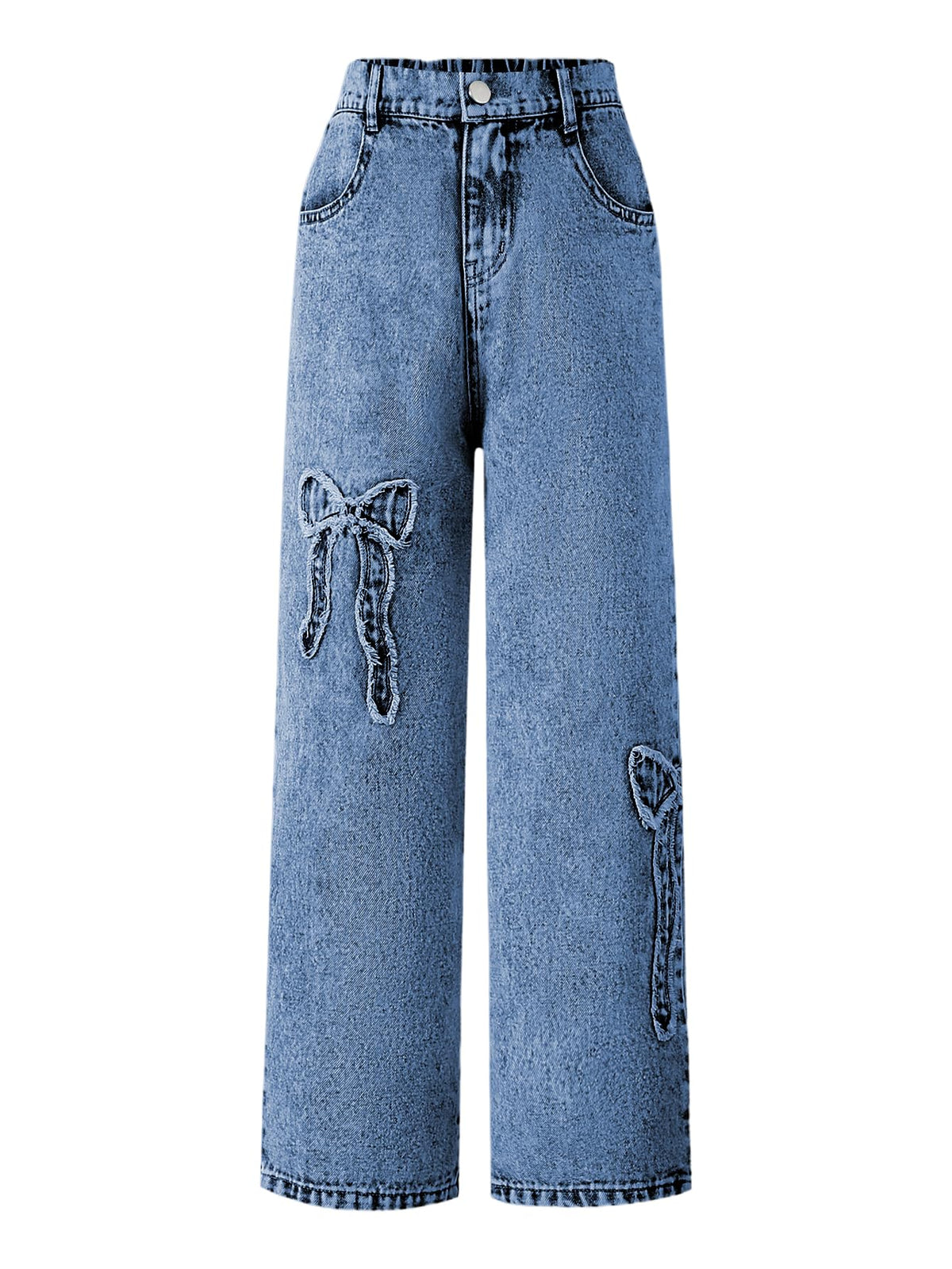 WDIRARA Girl's Bowknot Jean Elastic Waist Denim Pants Straight Leg Trousers