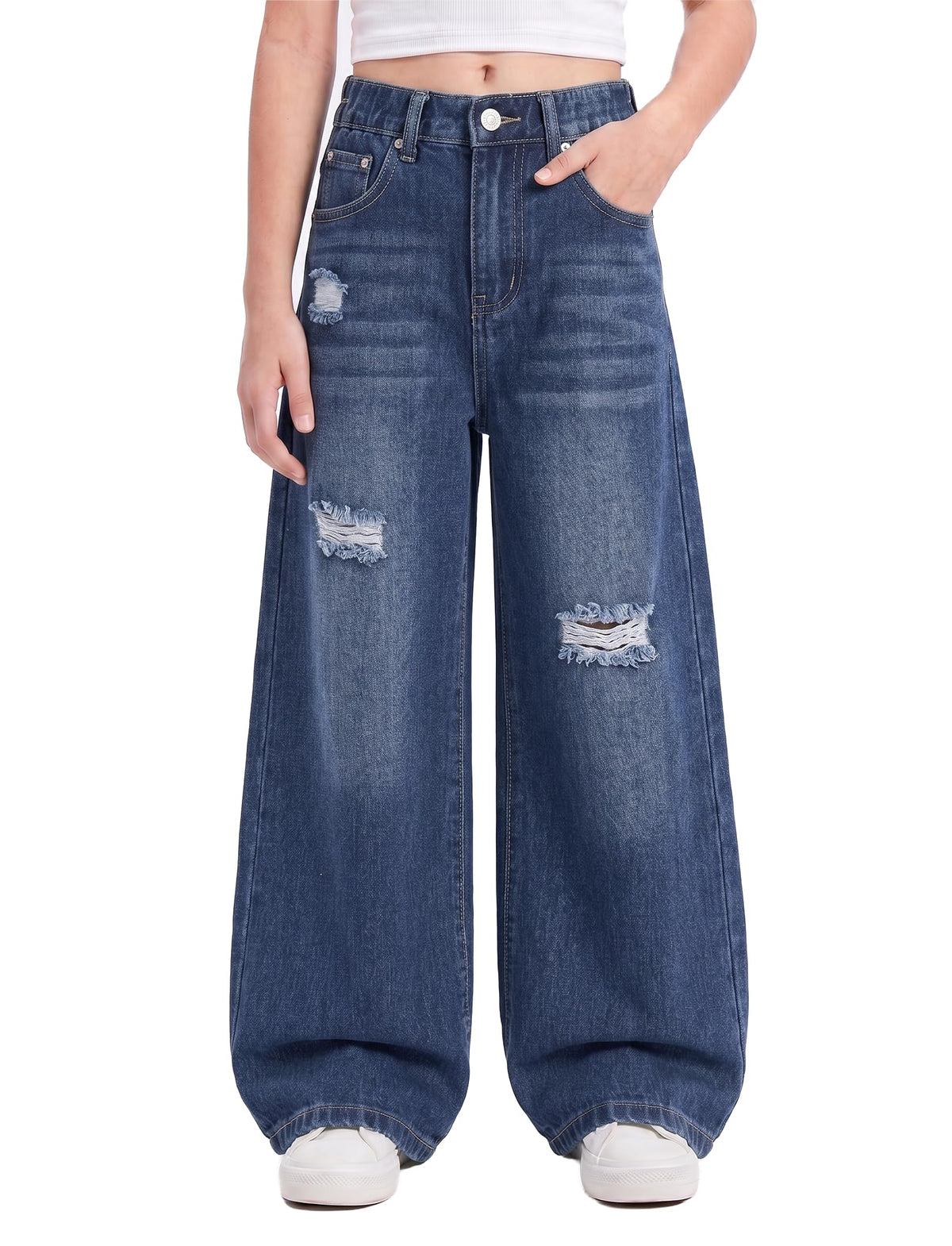 PATPAT Girls Baggy Ripped Jeans 5-14Y, Elastic Waist Wide Leg Denim Pants