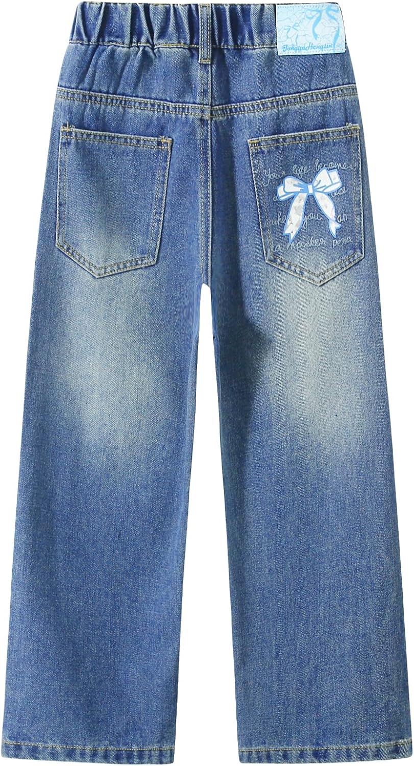 Girls Blue Elastic Waist Jeans Cute Bow Wide Leg Denim Pants