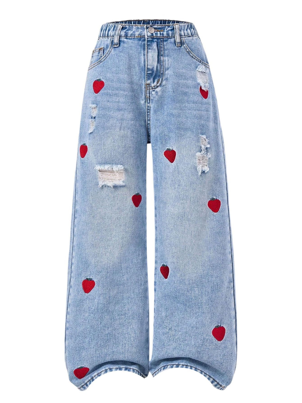 WDIRARA Girl's Heart Embroidered Jeans Elastic Wide Leg Denim Pants