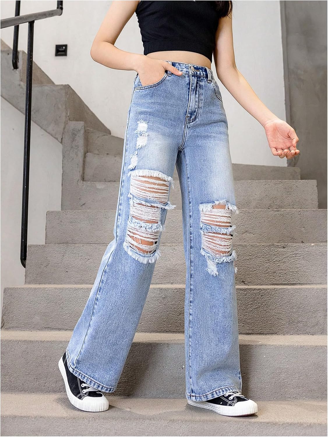 Floerns Girl's Elastic High Waisted Ripped Baggy Jeans Wide Leg Distressed Denim Pants