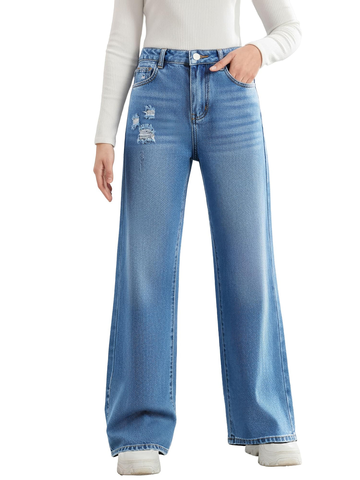 Girls Baggy Jeans Wide Leg Denim Pants Elastic Waist Pockets Kids Teen