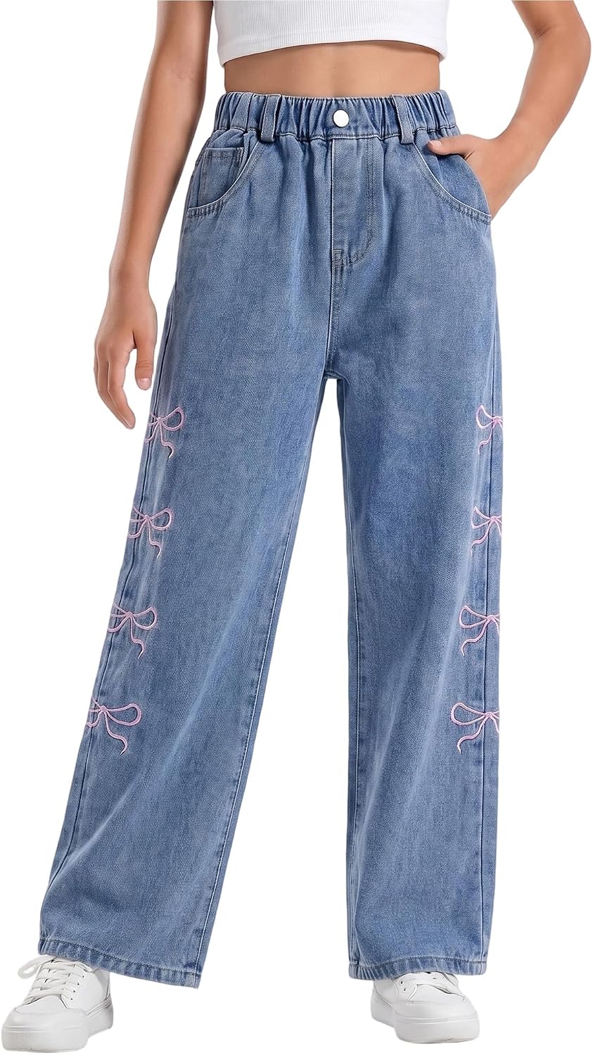 Jeans for Girls Wide Leg High Elastic Waisted School Outdoor Pants