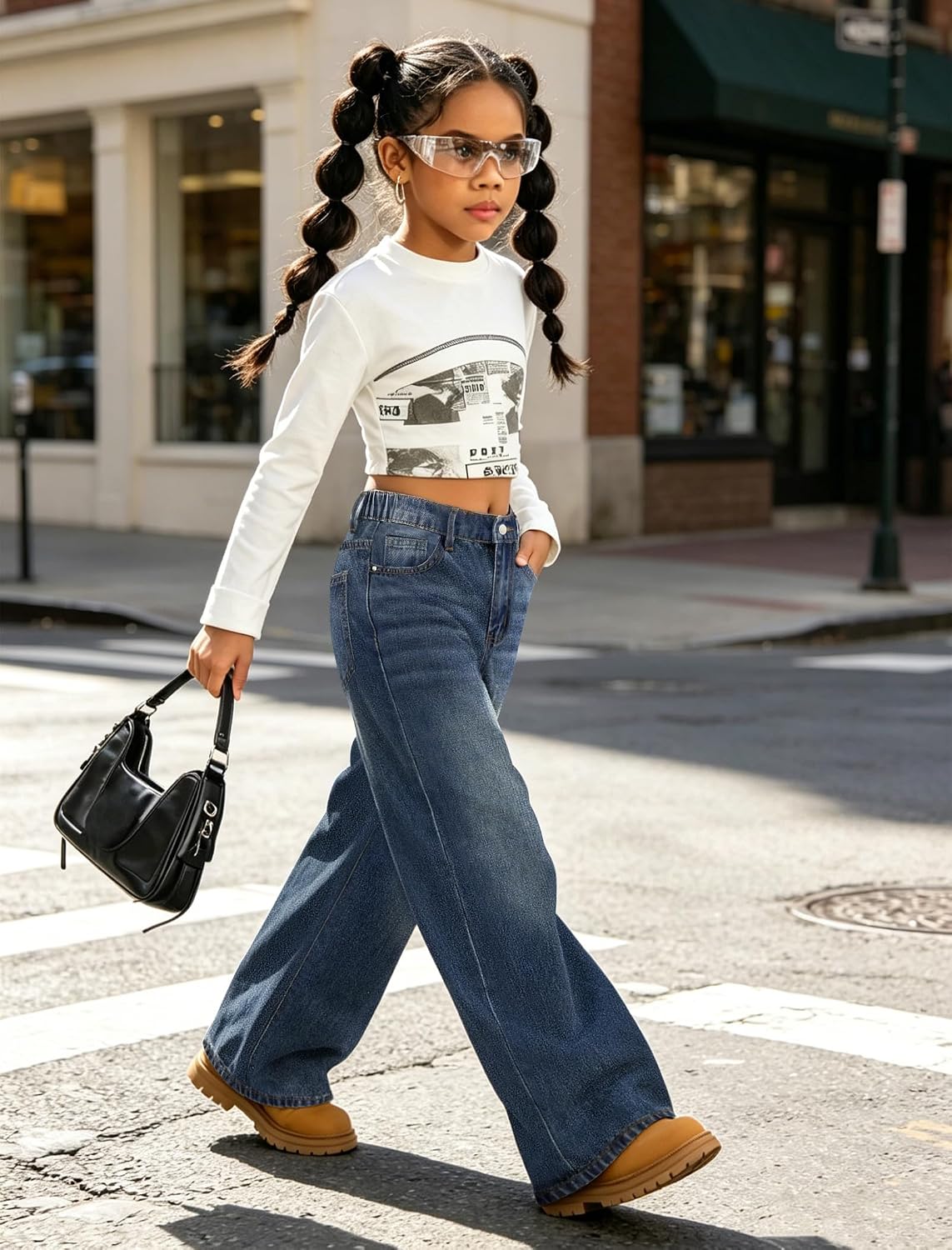 Girls Baggy Jeans Wide Straight Leg High Elastic Waisted Denim Pants Fashion Y2k Boyfriend Skater Streetwear