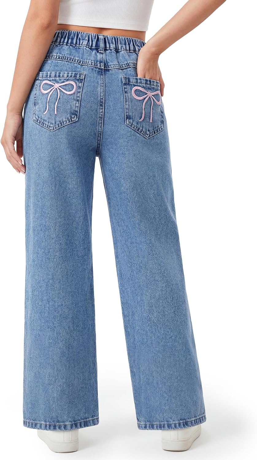 PATPAT Girls Baggy Wide Leg Jeans 5-14Y, Cute Bow Elastic Waist Denim Pants