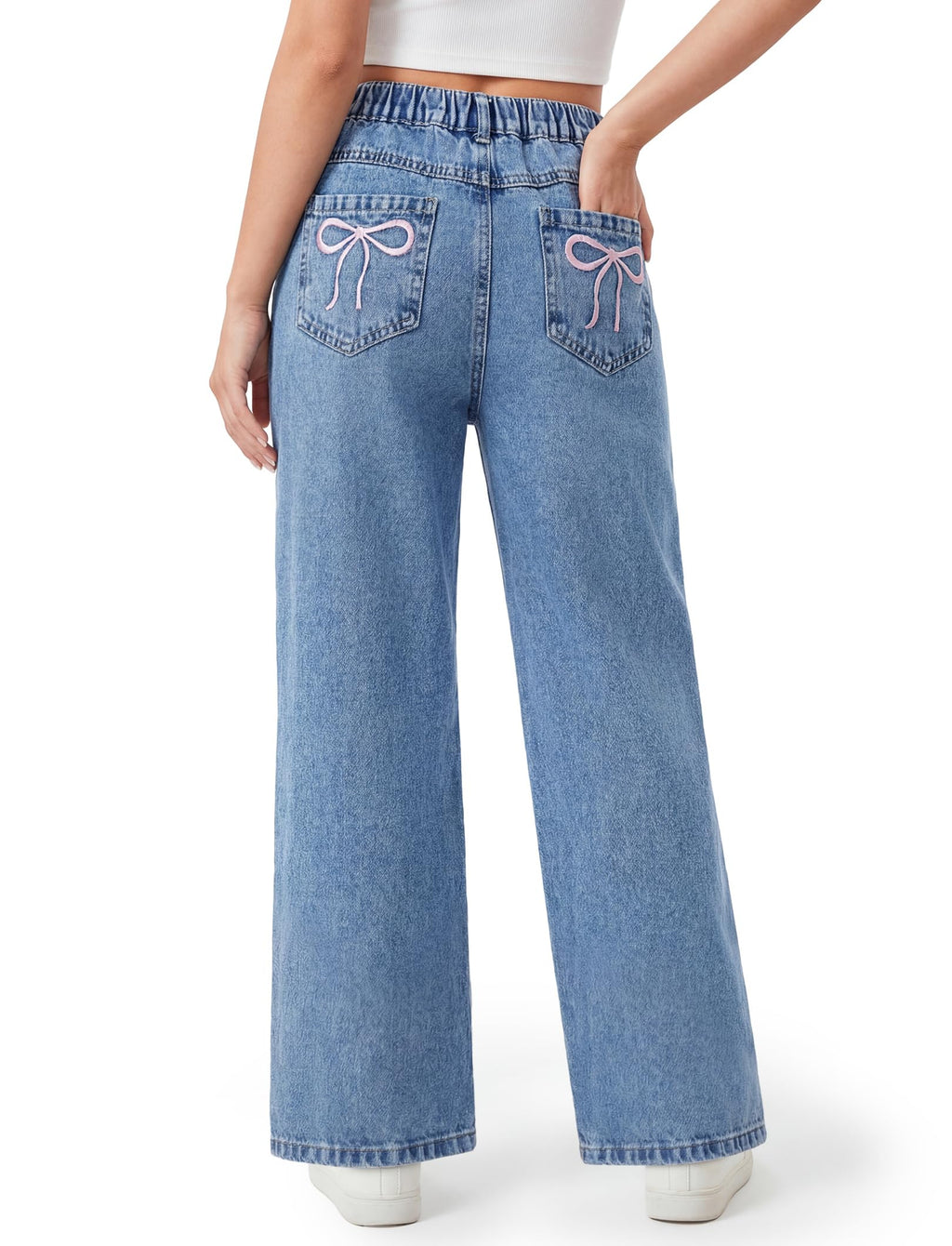 PATPAT Girls Baggy Wide Leg Jeans 5-14Y, Cute Bow Elastic Waist Denim Pants