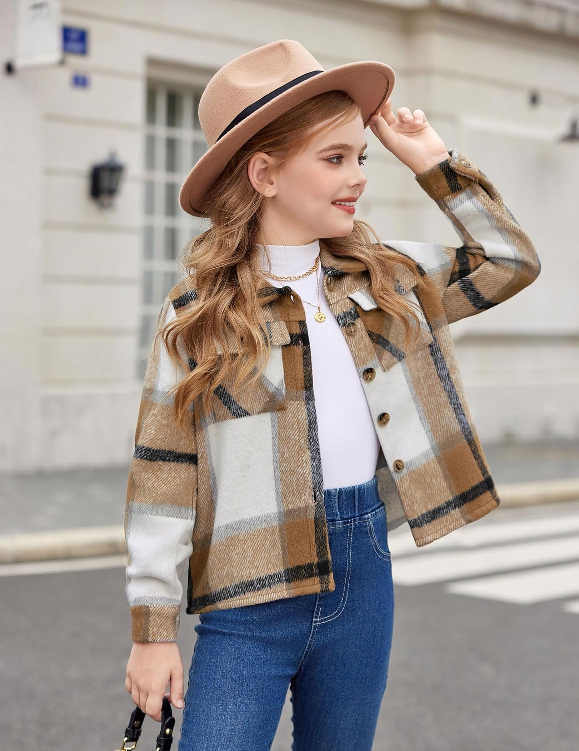 Arshiner Girls Flannel Fall Cropped Shacket Plaid Jacket Casual Coat