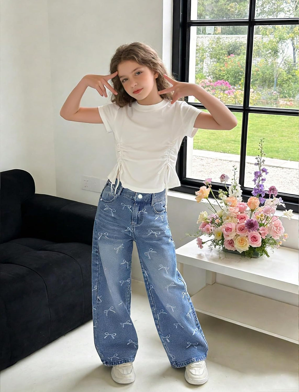 Baggy Jeans for Girls with Bow Wide Leg High Waist Denim Pants