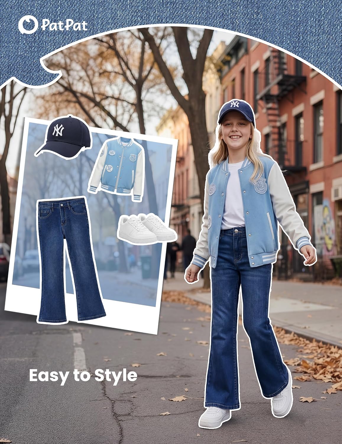 PATPAT Girls Bootcut Jeans 5-14Y Stretch Denim Pants with Elastic Mid-Waist