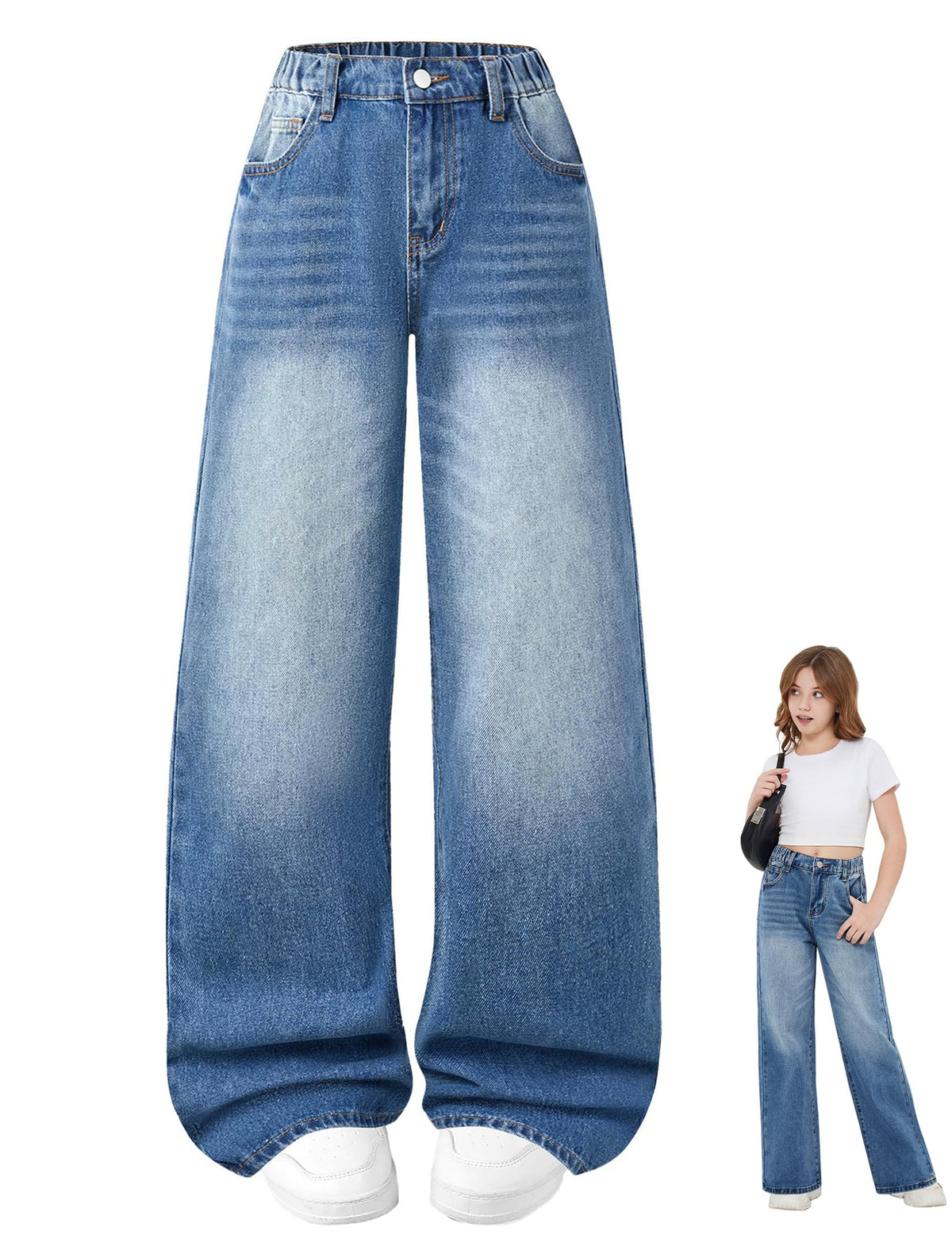 Girls Baggy Jeans Wide Leg Washed Denim Pants with Pockets 7-14Y