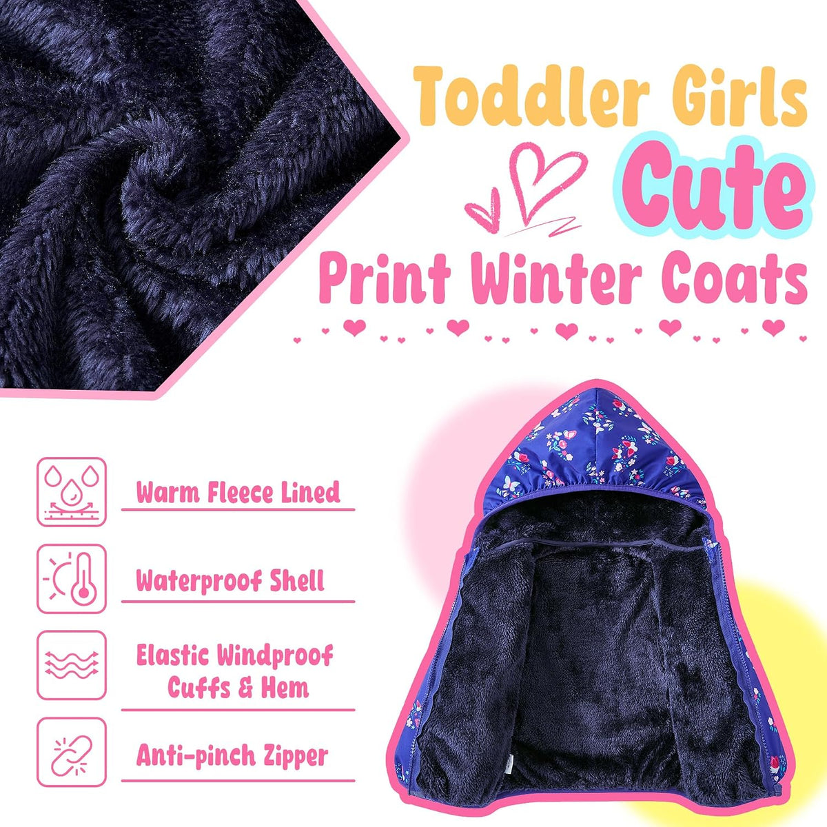 uideazone Toddler Girls Lightly Fleece Lined Coat Hooded Zipper Jacket 1-6T