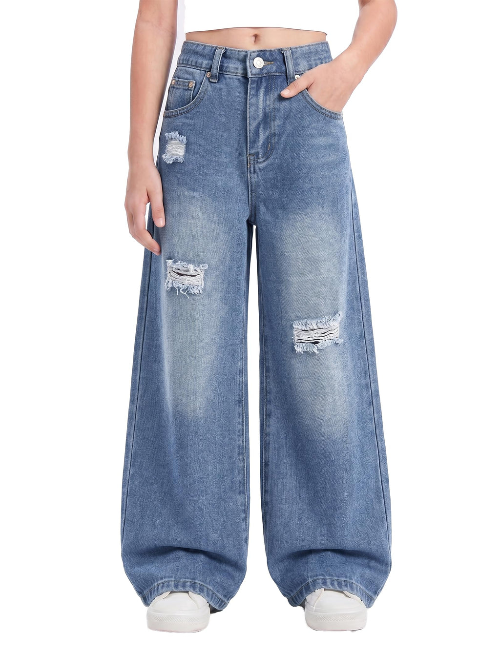 PATPAT Girls Baggy Ripped Jeans 5-14Y, Elastic Waist Wide Leg Denim Pants