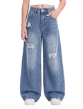 PATPAT Girls Baggy Ripped Jeans 5-14Y, Elastic Waist Wide Leg Denim Pants