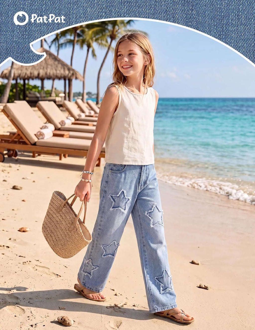 PATPAT Girls Jeans Baggy Wide Leg Cute Star/Heart Denim Pants 5-14 Years
