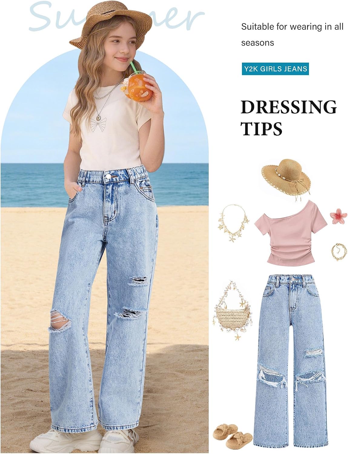 oyyniis Baggy Jeans for Girls Wide Leg Ripped High Elastic Waisted Denim Pants Cute Summer Trousers Y2K Streetwear 7-14Y
