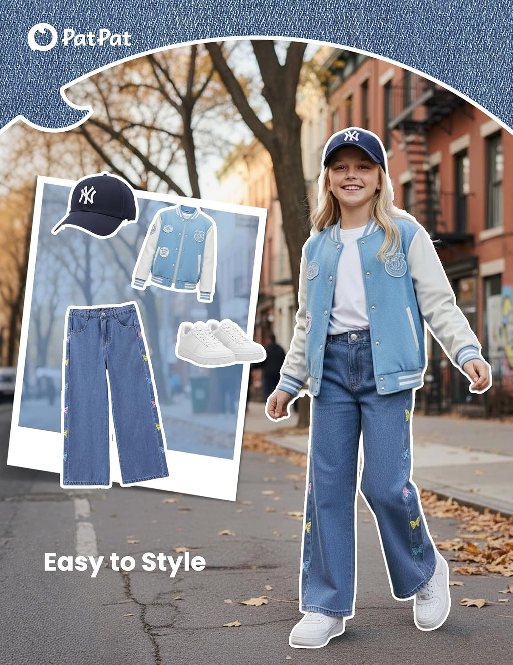 PATPAT Girls Baggy Jeans 5-14Y with Elastic Wasit & Butterfly Embroidery