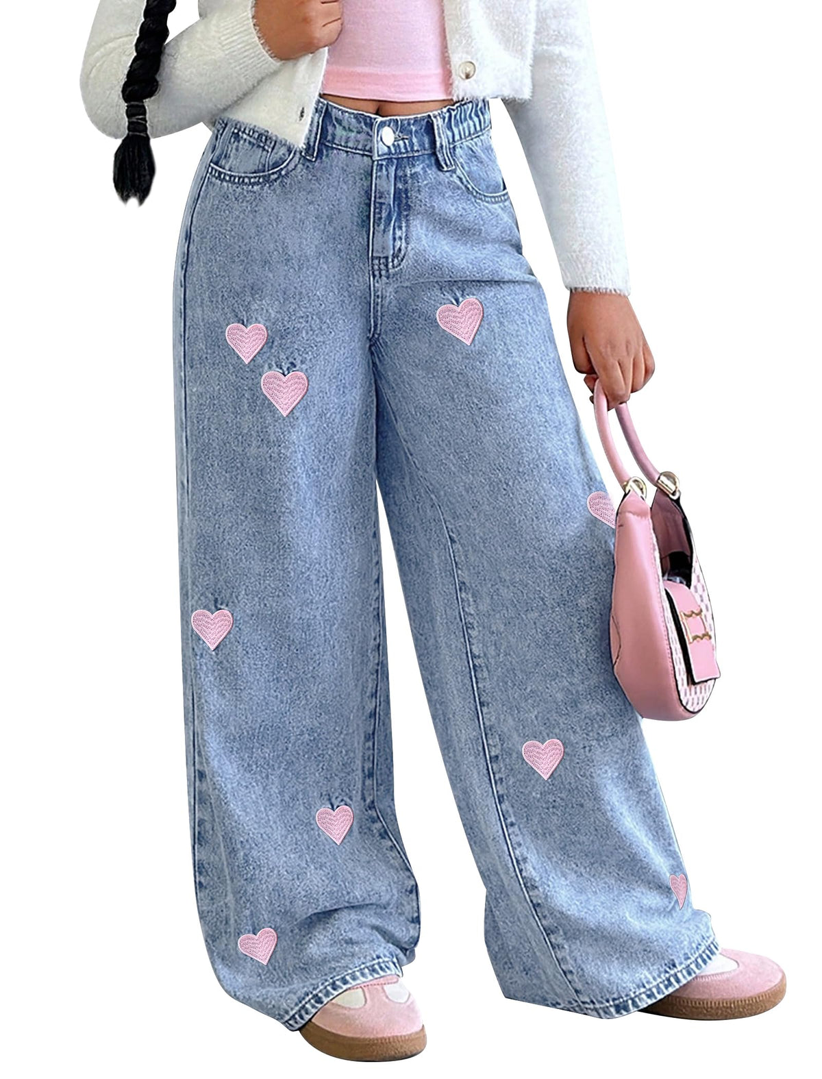 Baggy Jeans for Girls with Bow Wide Leg High Waist Denim Pants