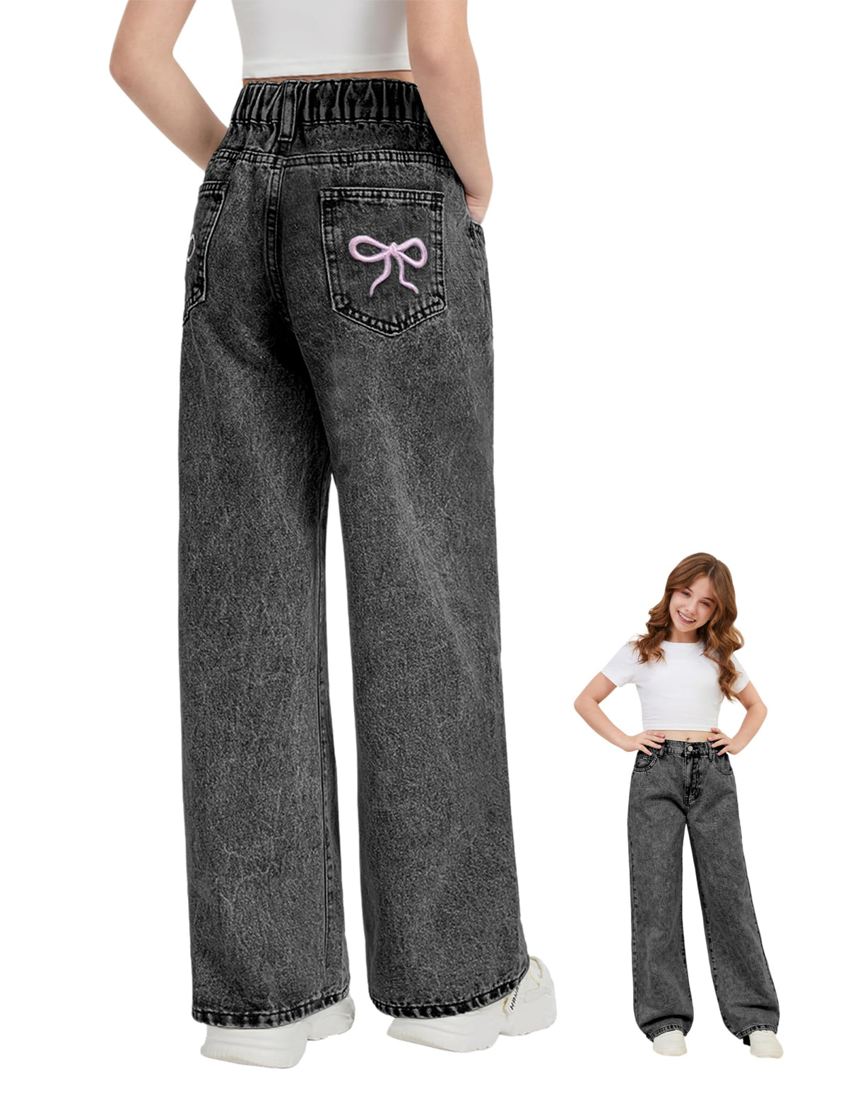 Girls Baggy Jeans Wide Leg Washed Denim Pants with Pockets 7-14Y