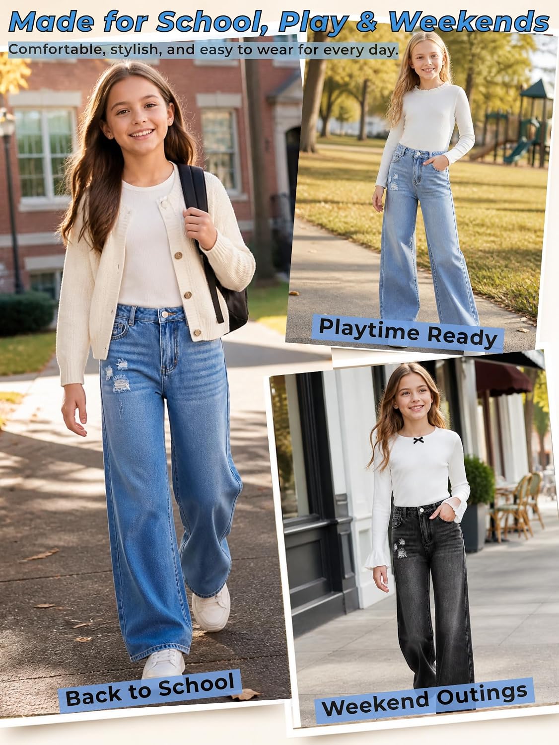 Girls Baggy Jeans Wide Leg Denim Pants Elastic Waist Pockets Kids Teen