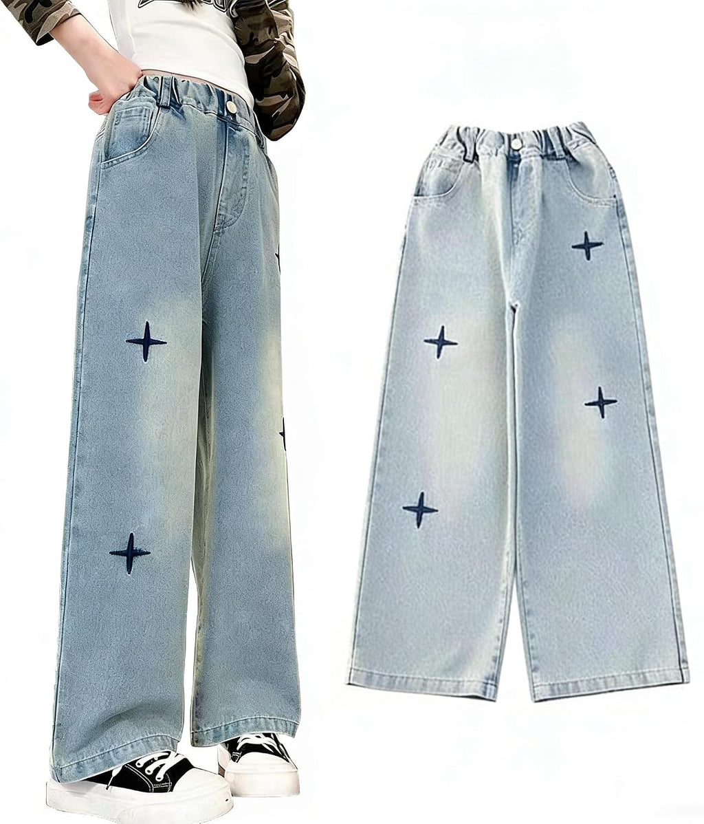New Spring and Autumn Girls' Jeans, Children's Loose Casual Cowboy Wide Leg Pants Blue