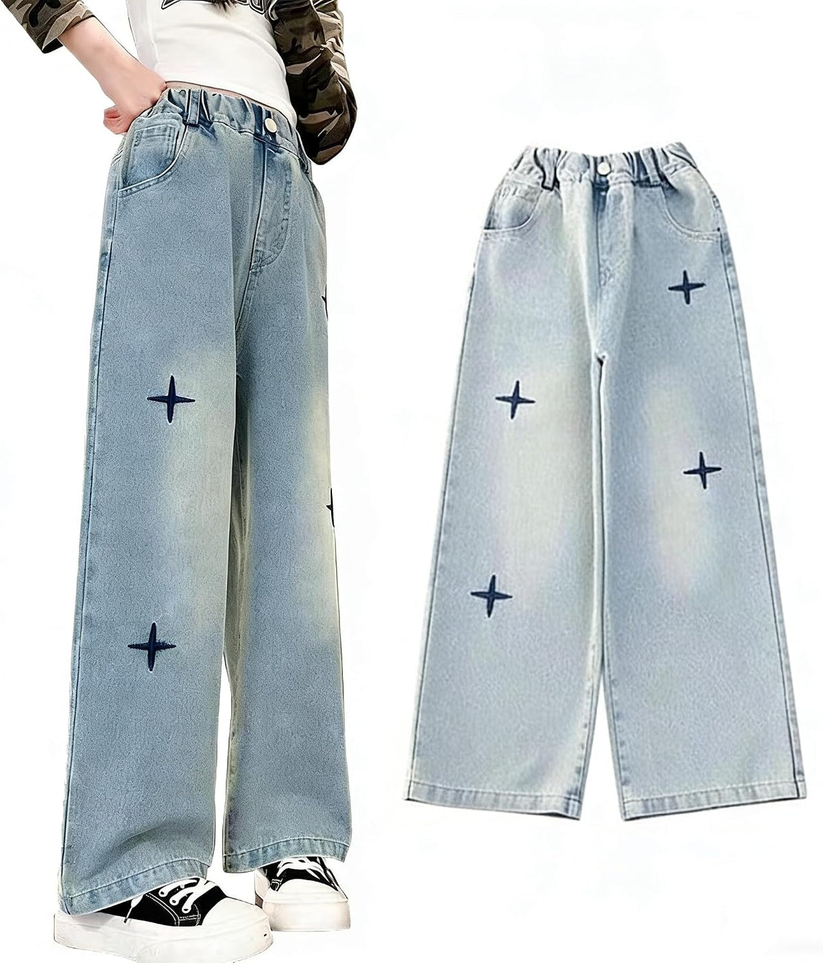 New Spring and Autumn Girls' Jeans, Children's Loose Casual Cowboy Wide Leg Pants Blue