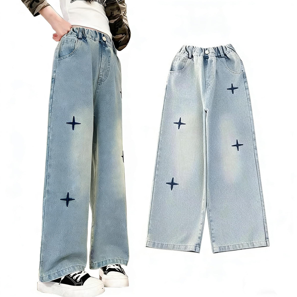 New Spring and Autumn Girls' Jeans, Children's Loose Casual Cowboy Wide Leg Pants Blue