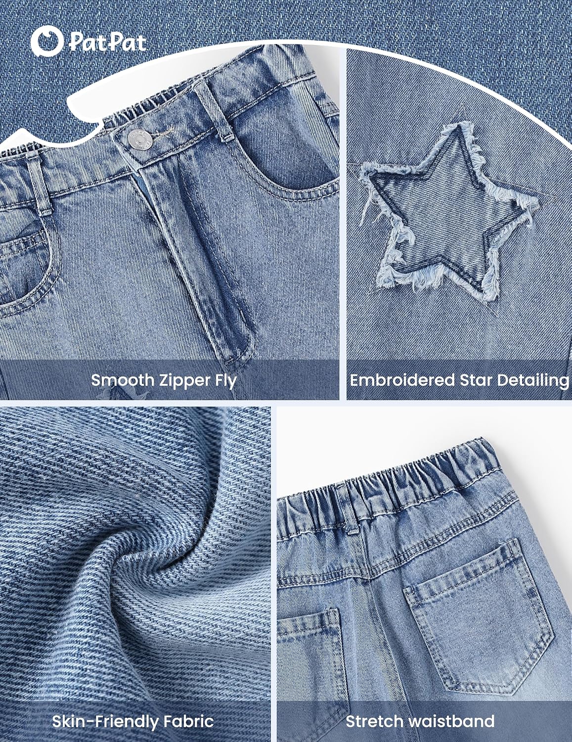 PATPAT Girls Jeans Baggy Wide Leg Cute Star/Heart Denim Pants 5-14 Years