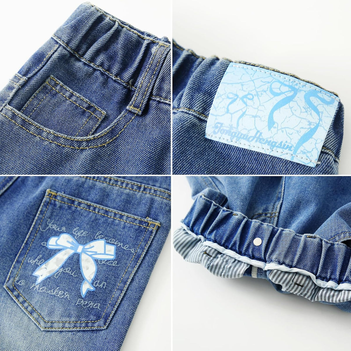 Girls Blue Elastic Waist Jeans Cute Bow Wide Leg Denim Pants