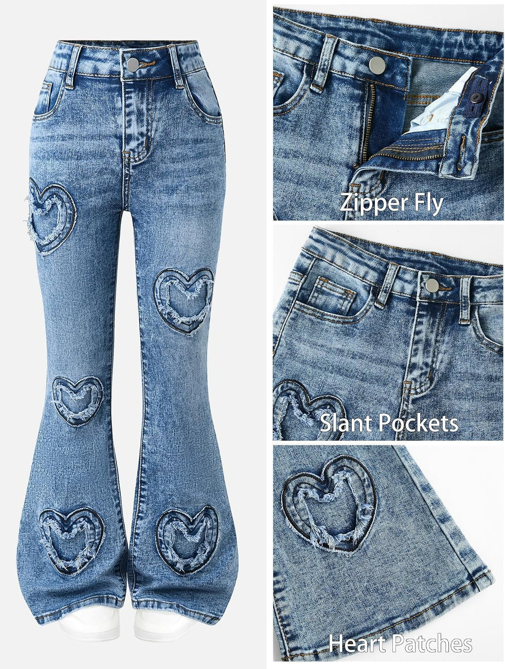 Girls Jeans Flare High Elastic Waist Denim Pants Bell Bottom Stretch Cute Y2K Streetwear with Pockets 7-14Y