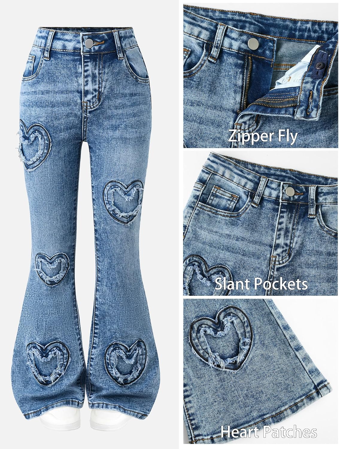 Girls Jeans Flare High Elastic Waist Denim Pants Bell Bottom Stretch Cute Y2K Streetwear with Pockets 7-14Y