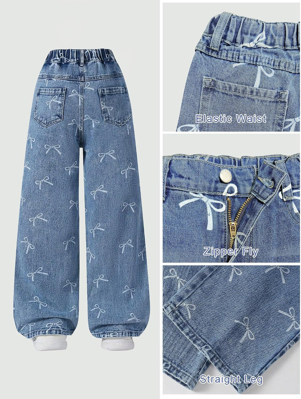 Baggy Jeans for Girls with Bow Wide Leg High Waist Denim Pants