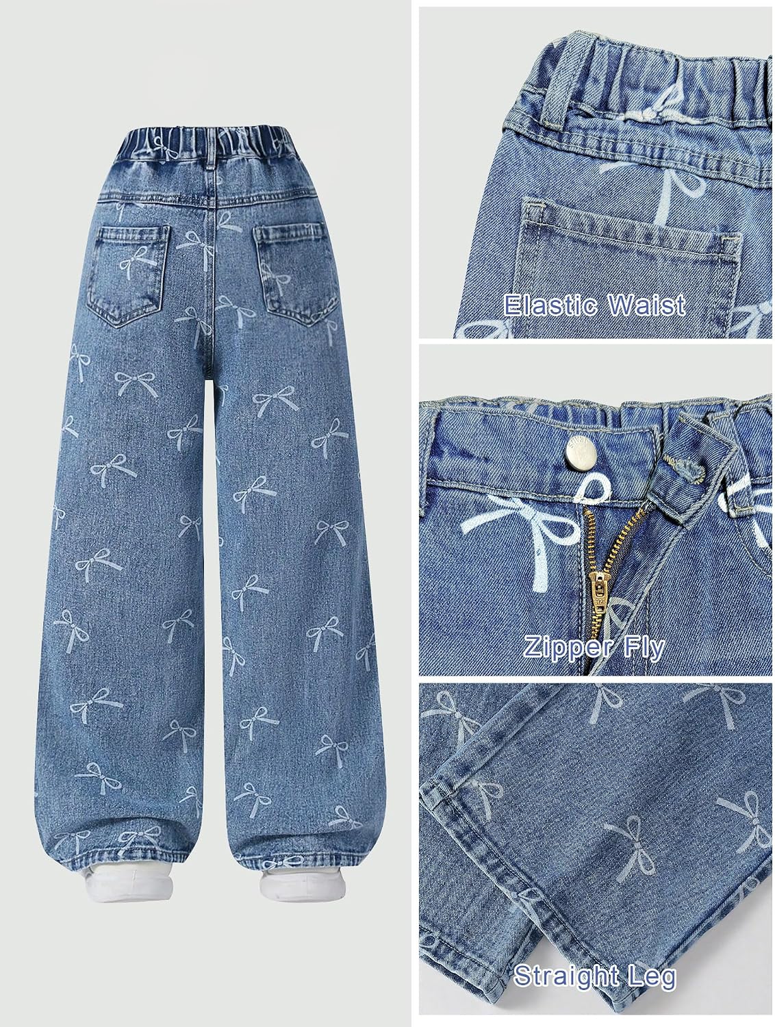 Baggy Jeans for Girls with Bow Wide Leg High Waist Denim Pants