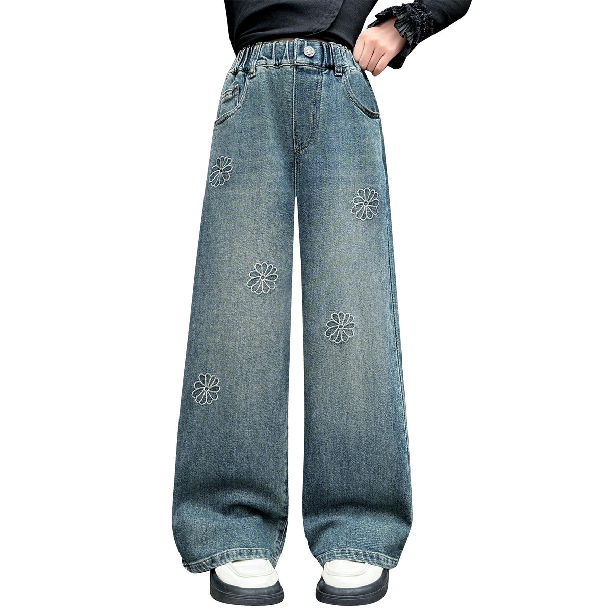 Rolanko Girls Jeans Denim Elastic Wasit Wide Leg Baggy Pants Kids Clothes 4-14 Years