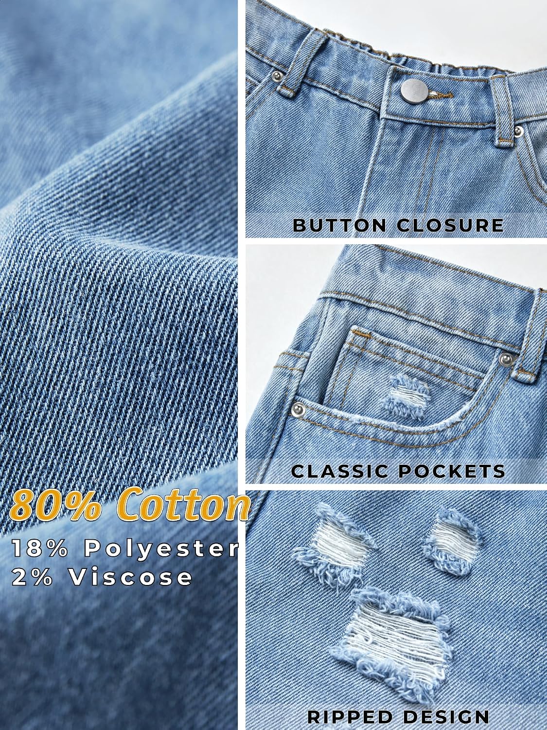 Girls Baggy Jeans Wide Leg Denim Pants Elastic Waist Pockets Kids Teen